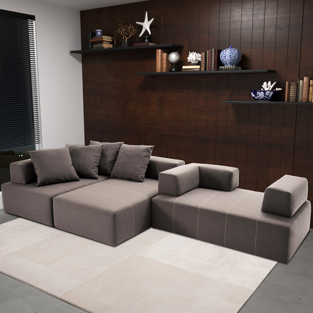 Sofá Decorativo 3 Módulos e 5 Encostos Happiness Com 4 Almofadas Linho Cinza G66 - Gran Belo