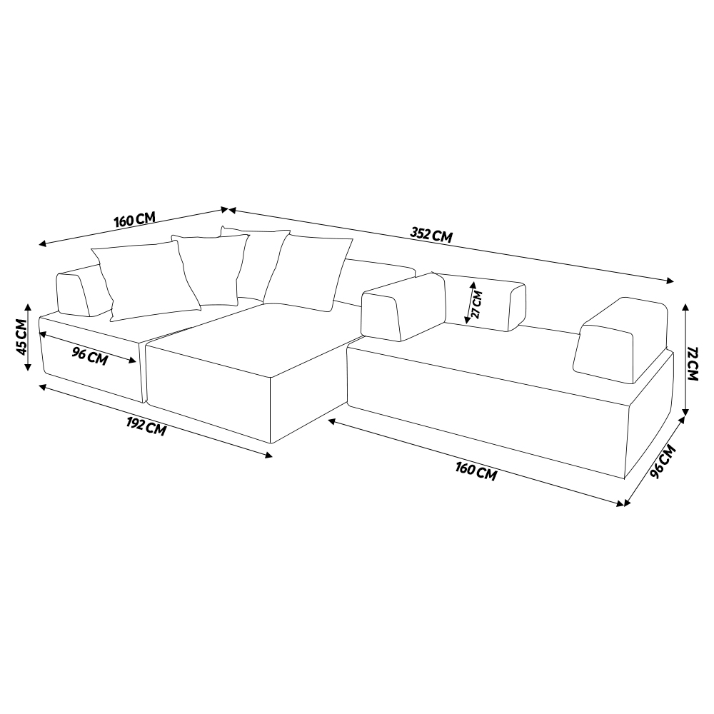 Sofá Decorativo 3 Módulos e 5 Encostos Happiness Com 4 Almofadas Linho Cinza G66 - Gran Belo