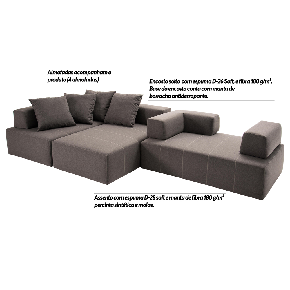 Sofá Decorativo 3 Módulos e 5 Encostos Happiness Com 4 Almofadas Linho Cinza G66 - Gran Belo