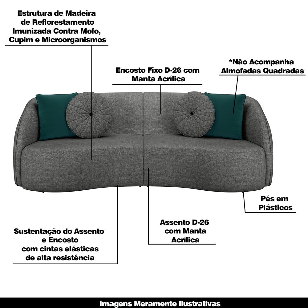 Sofá Decorativo 318cm com Almofadas Redondas Clarke Linho Chumbo G45 - Gran Belo