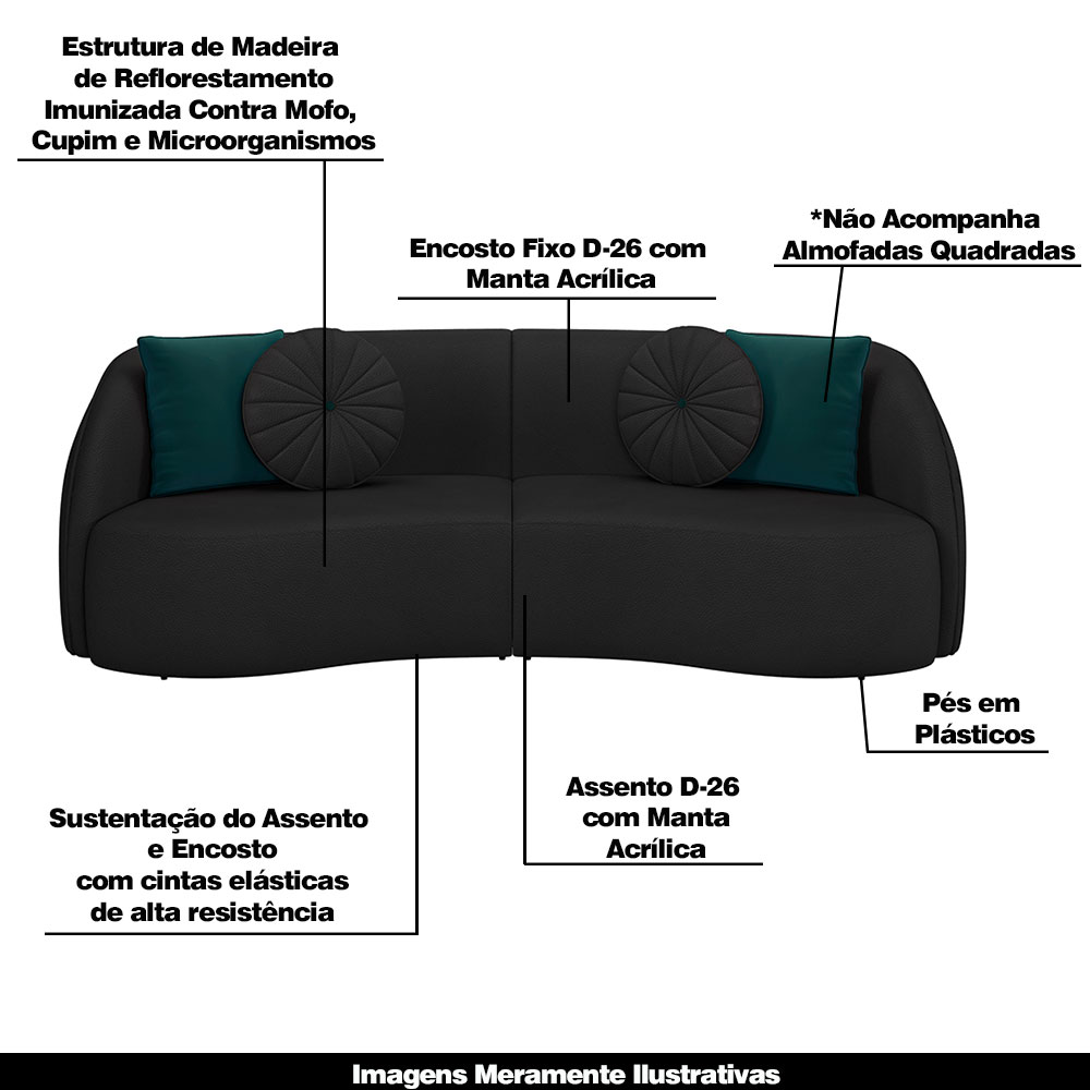 Sofá Decorativo 318cm com Almofadas Redondas Clarke PU Preto G45 - Gran Belo