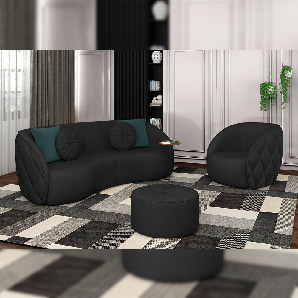 Sofá Decorativo 318cm com Almofadas Redondas Clarke PU Preto G45 - Gran Belo
