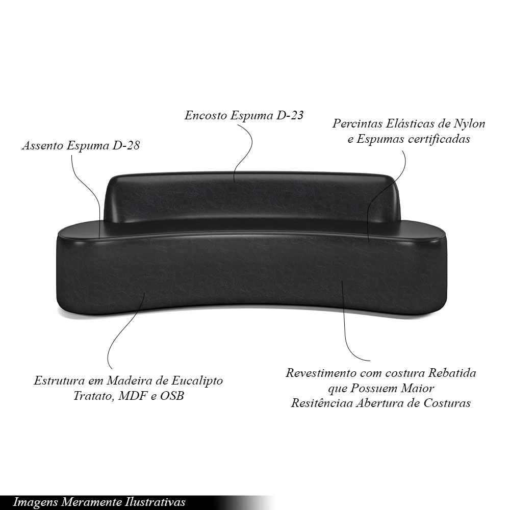 Sofá Decorativo 4 Lugares 260cm Bélgica Curvo PU Preto G15 - Gran Belo
