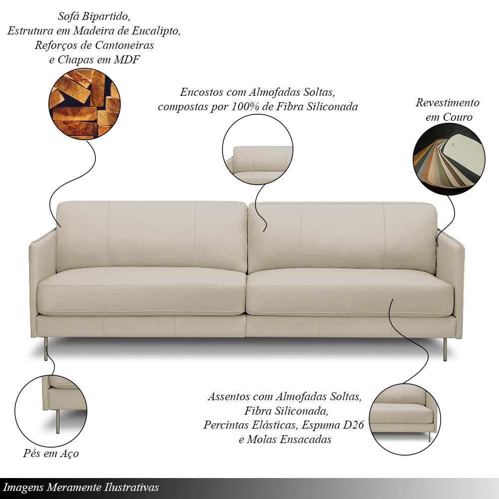Sofá Decorativo Anthony 3 Lugares Sala de estar 210cm Pés em Aço Couro Bege G88 - Gran Belo