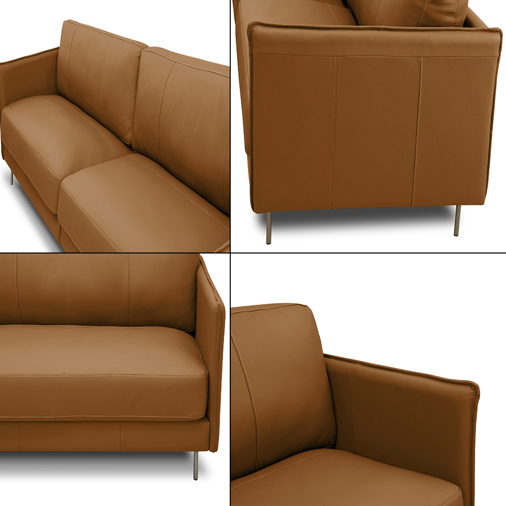 Sofá Decorativo Anthony 3 Lugares Sala de estar 210cm Pés em Aço Couro Caramelo G88 - Gran Belo
