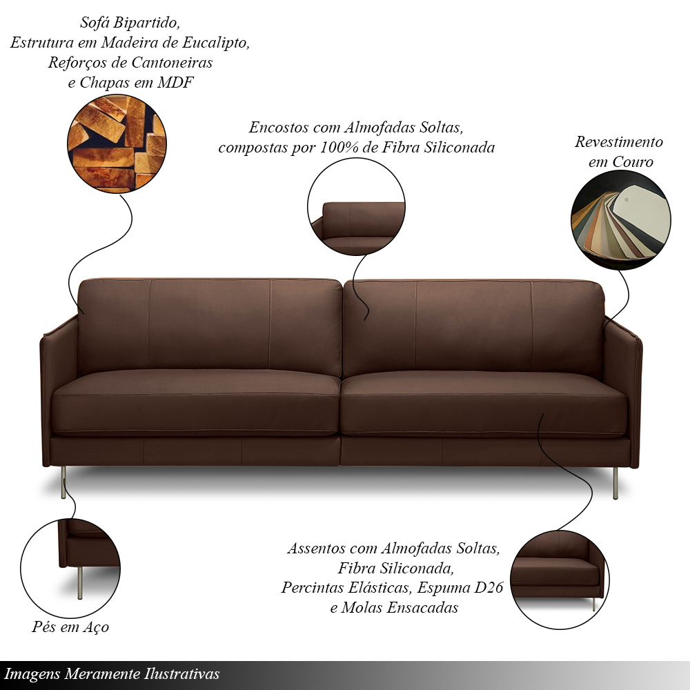 Sofá Decorativo Anthony 3 Lugares Sala de estar 210cm Pés em Aço Couro Marrom Chocolate G88 - Gran Belo
