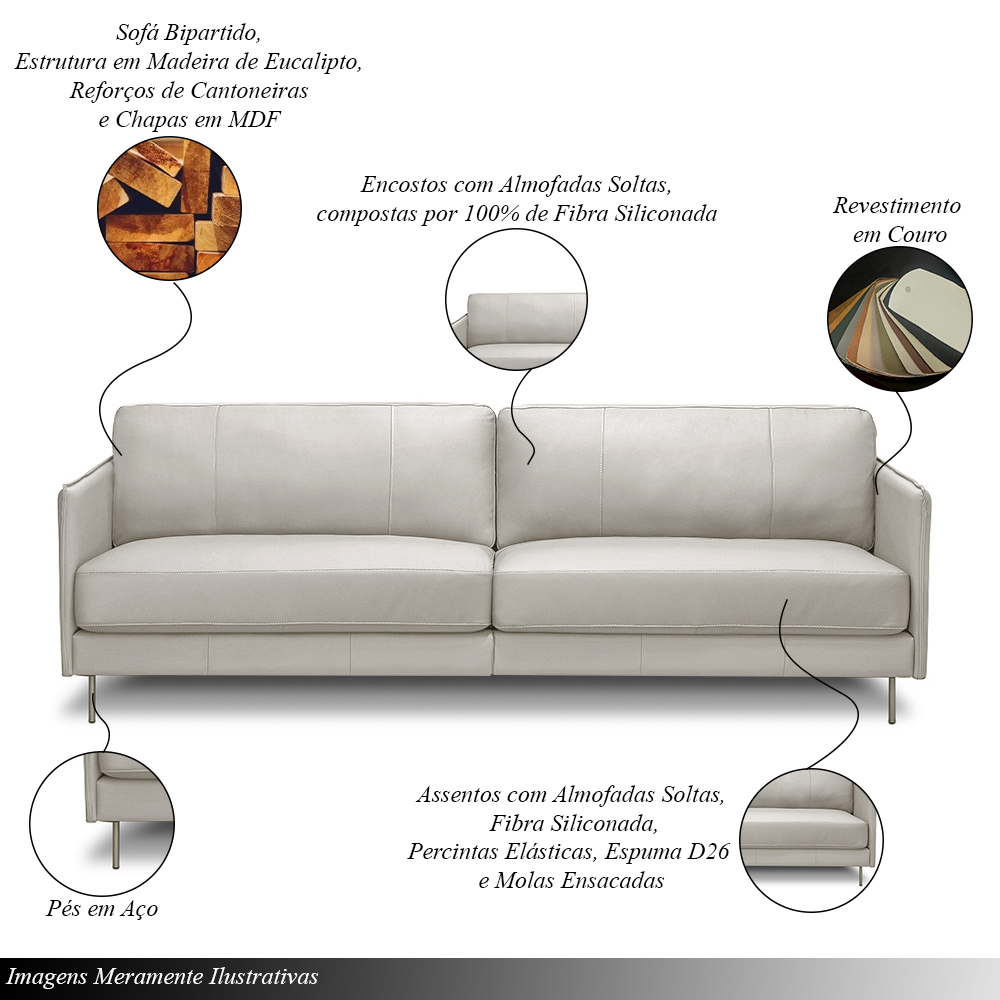 Sofá Decorativo Anthony 3 Lugares Sala de estar 210cm Pés em Aço Couro Off White G88 - Gran Belo