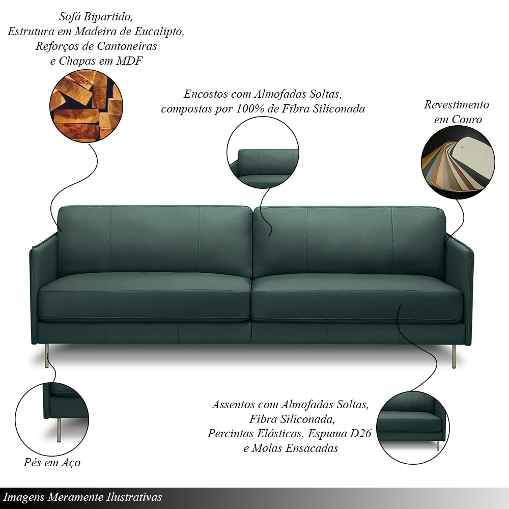 Sofá Decorativo Anthony 3 Lugares Sala de estar 210cm Pés em Aço Couro Verde Musgo G88 - Gran Belo