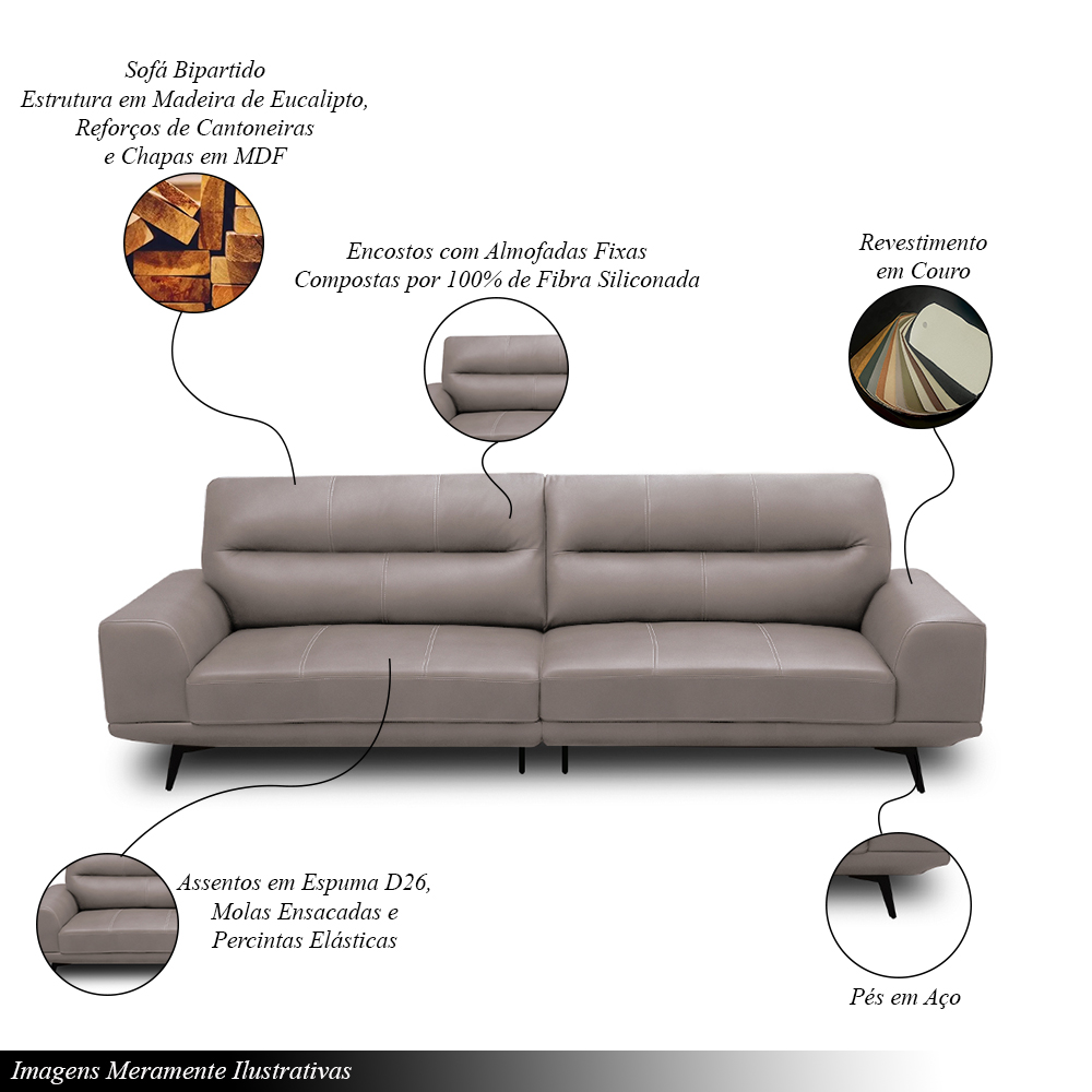 Sofá Decorativo Ashton 3 Lugares Sala de estar 216cm Pés em Aço Couro Avelã G88 - Gran Belo