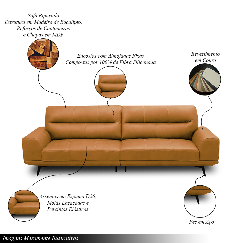 Sofá Decorativo Ashton 3 Lugares Sala de estar 216cm Pés em Aço Couro Caramelo G88 - Gran Belo