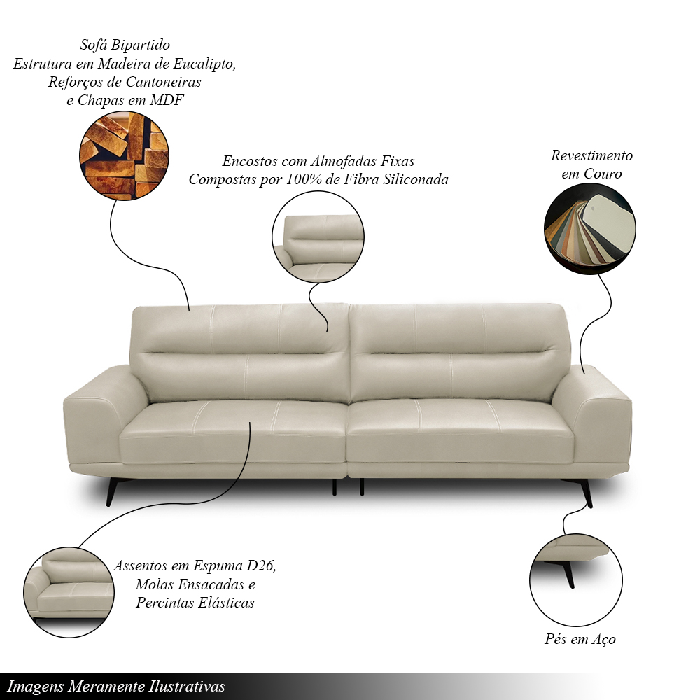 Sofá Decorativo Ashton 3 Lugares Sala de estar 236cm Pés em Aço Couro Bege G88 - Gran Belo