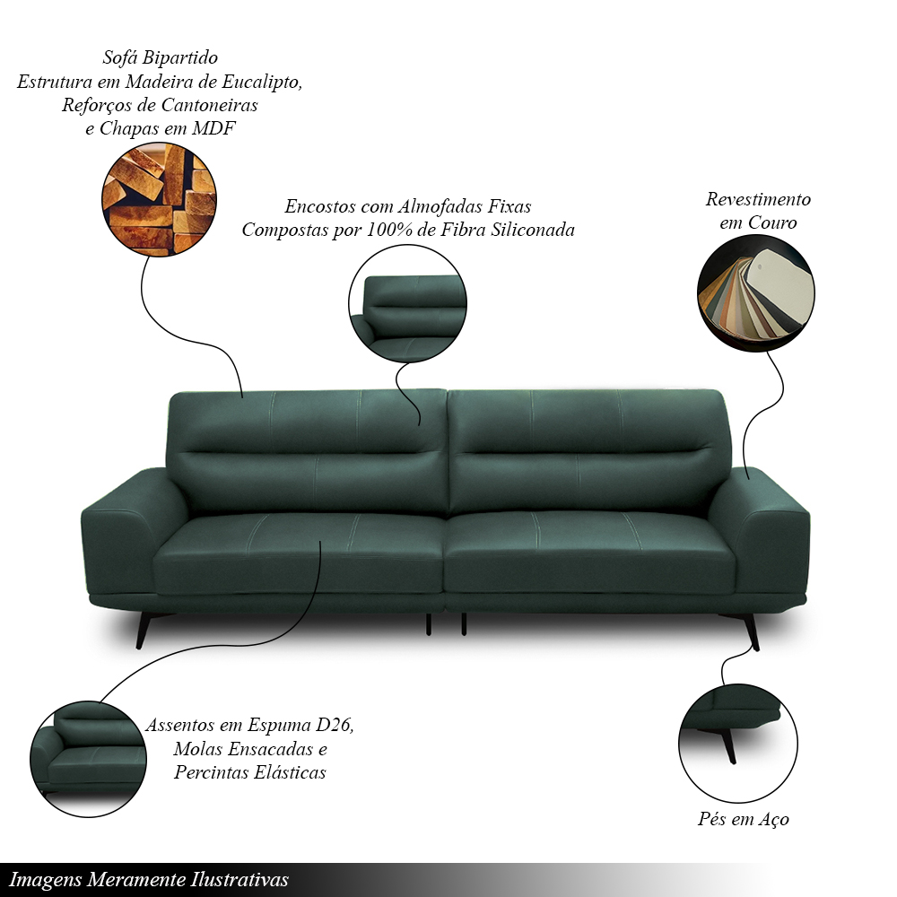 Sofá Decorativo Ashton 3 Lugares Sala de estar 236cm Pés em Aço Couro Verde Musgo G88 - Gran Belo