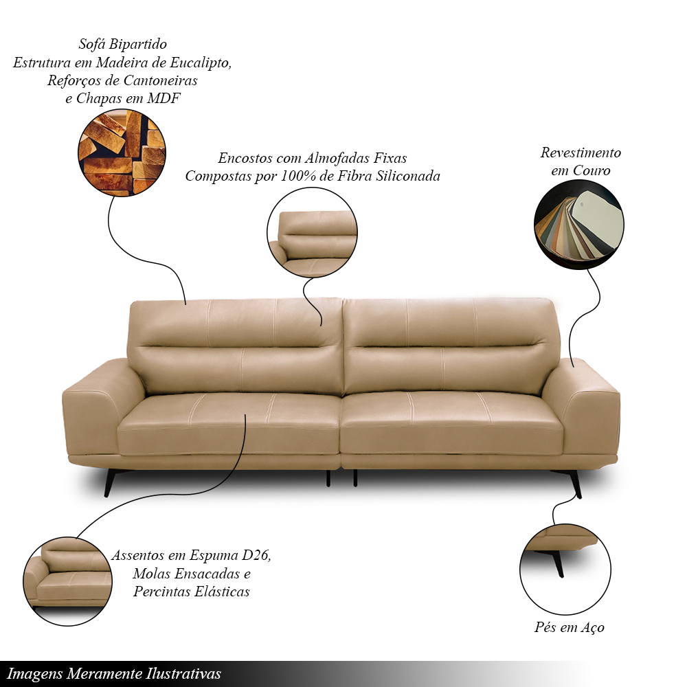 Sofá Decorativo Ashton 3 Lugares Sala de estar 256cm Pés em Aço Couro Nude G88 - Gran Belo