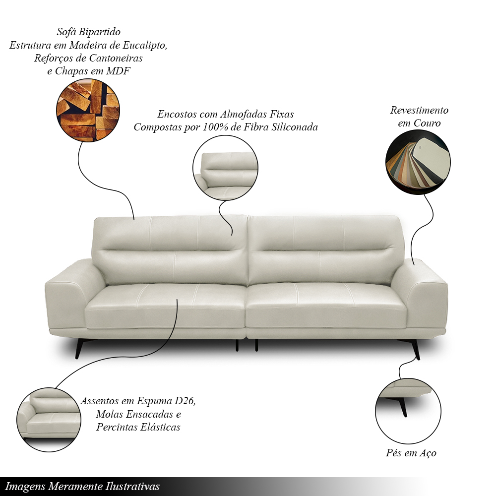 Sofá Decorativo Ashton 3 Lugares Sala de estar 256cm Pés em Aço Couro Off White G88 - Gran Belo