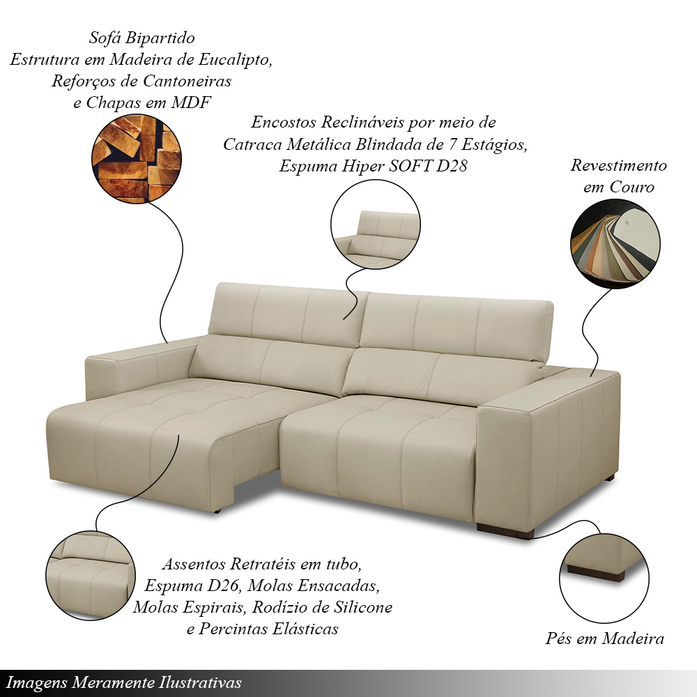 Sofá Decorativo Barbosa 3 Lugares Sala de estar 250cm Reclinável e Retrátil Couro Bege G88 - Gran Belo