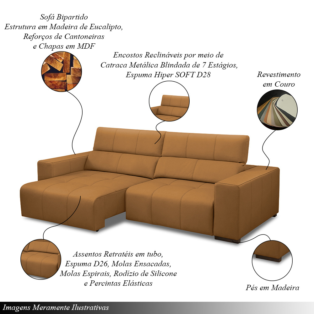 Sofá Decorativo Barbosa 3 Lugares Sala de estar 250cm Reclinável e Retrátil Couro Caramelo G88 - Gran Belo