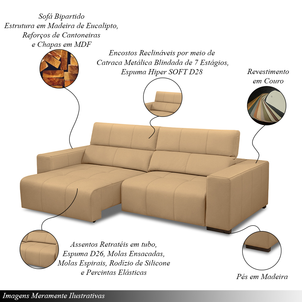 Sofá Decorativo Barbosa 3 Lugares Sala de estar 250cm Reclinável e Retrátil Couro Nude G88 - Gran Belo