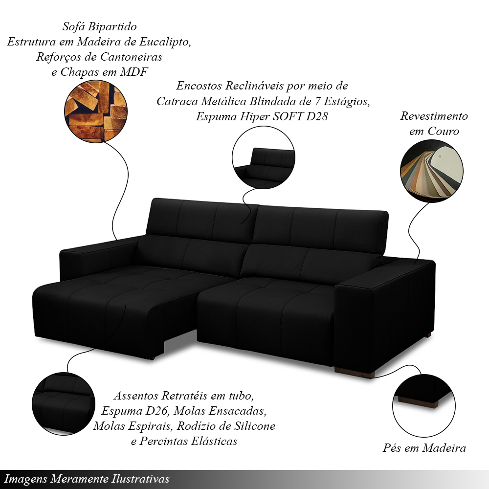 Sofá Decorativo Barbosa 3 Lugares Sala de estar 250cm Reclinável e Retrátil Couro Preto G88 - Gran Belo
