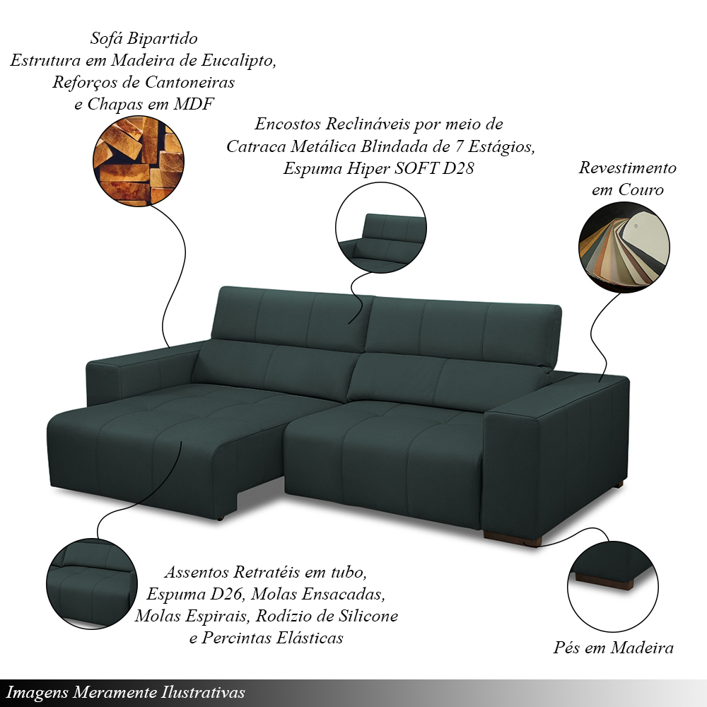 Sofá Decorativo Barbosa 3 Lugares Sala de estar 250cm Reclinável e Retrátil Couro Verde Musgo G88 - Gran Belo