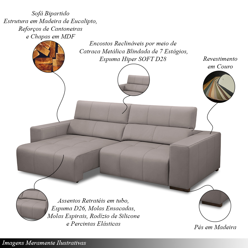 Sofá Decorativo Barbosa 5 Lugares Sala de estar 290cm Reclinável e Retrátil Couro Avelã G88 - Gran Belo