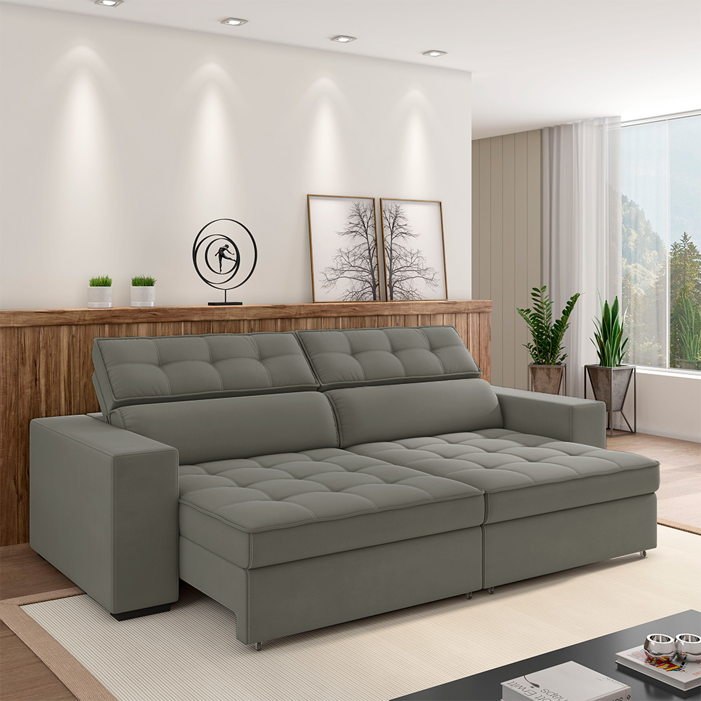 Sofá Decorativo Hugo 2 Lugares 208cm Reclinável e Retrátil Veludo Cinza G45 - Gran Belo