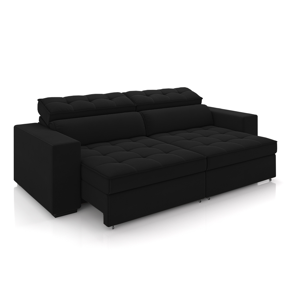 Sofá Decorativo Hugo 2 Lugares 208cm Reclinável e Retrátil Veludo Preto G45 - Gran Belo