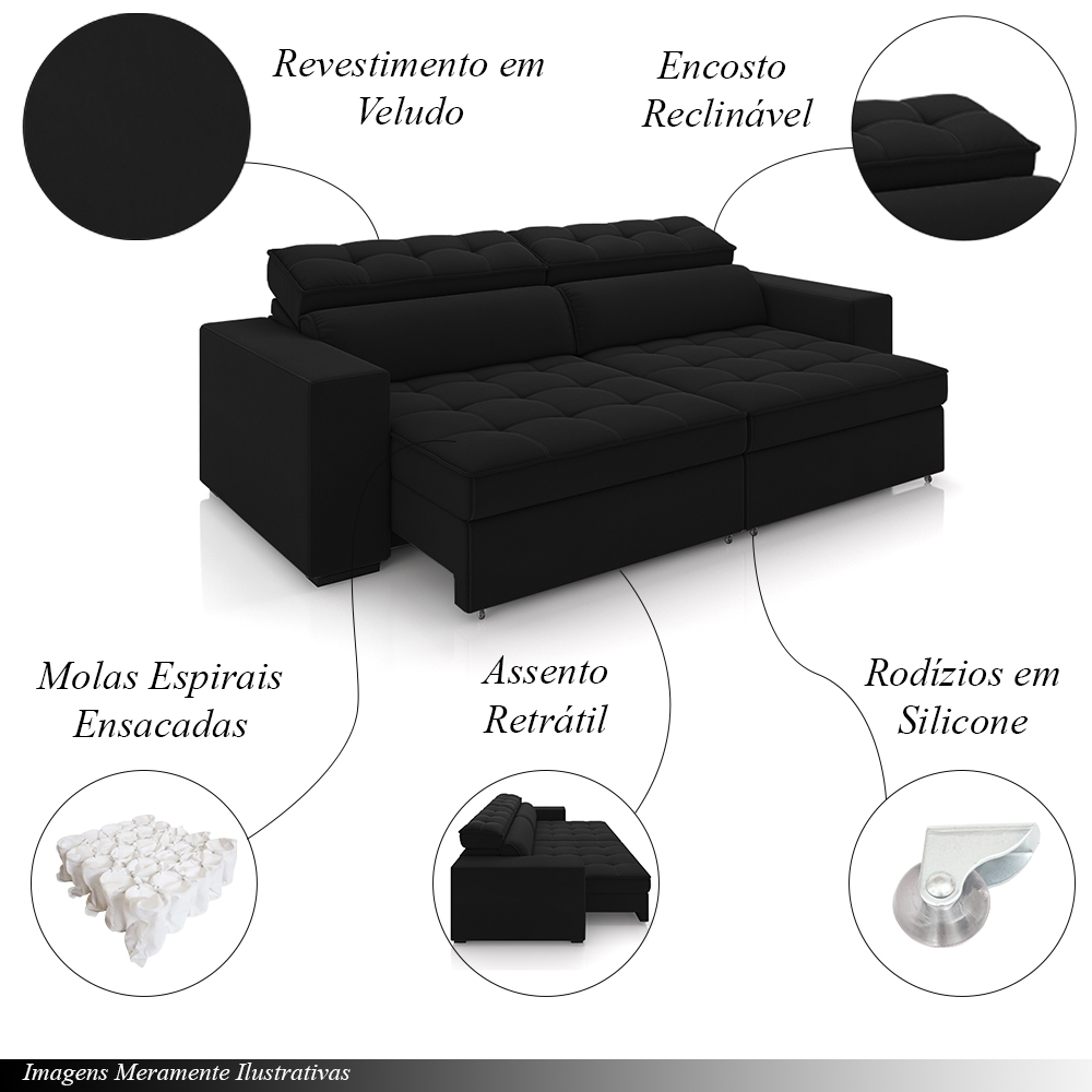 Sofá Decorativo Hugo 2 Lugares 208cm Reclinável e Retrátil Veludo Preto G45 - Gran Belo