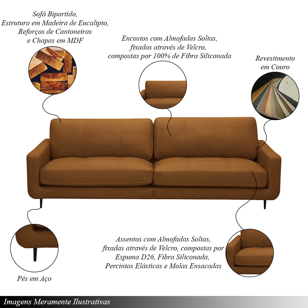 Sofá Decorativo Isaac 3 Lugares Sala de estar 210cm Pés em Aço Couro Caramelo G88 - Gran Belo