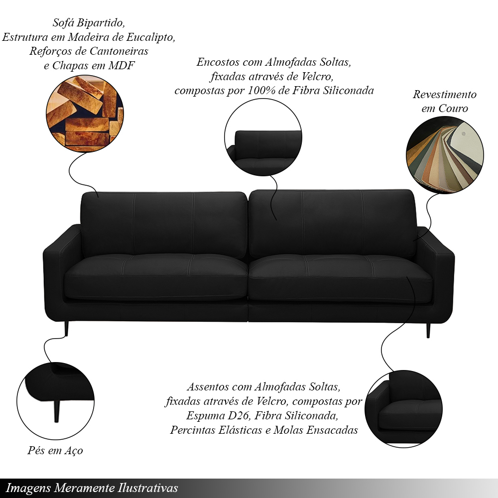 Sofá Decorativo Isaac 3 Lugares Sala de estar 210cm Pés em Aço Couro Preto G88 - Gran Belo