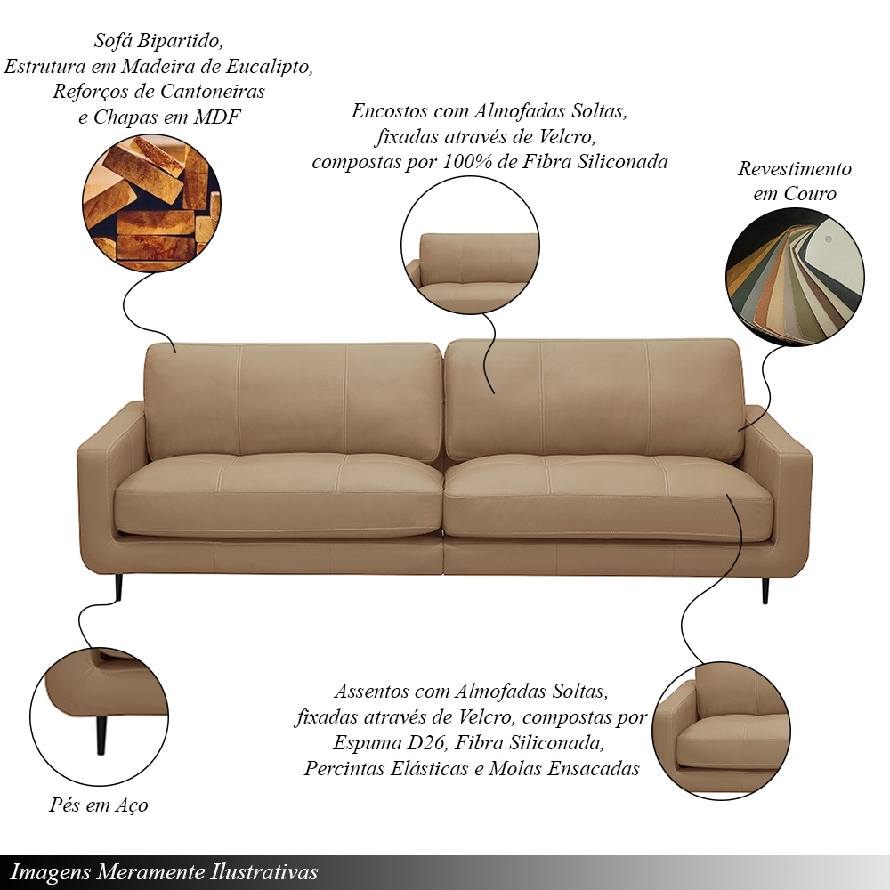 Sofá Decorativo Isaac 3 Lugares Sala de estar 240cm Pés em Aço Couro Nude G88 - Gran Belo