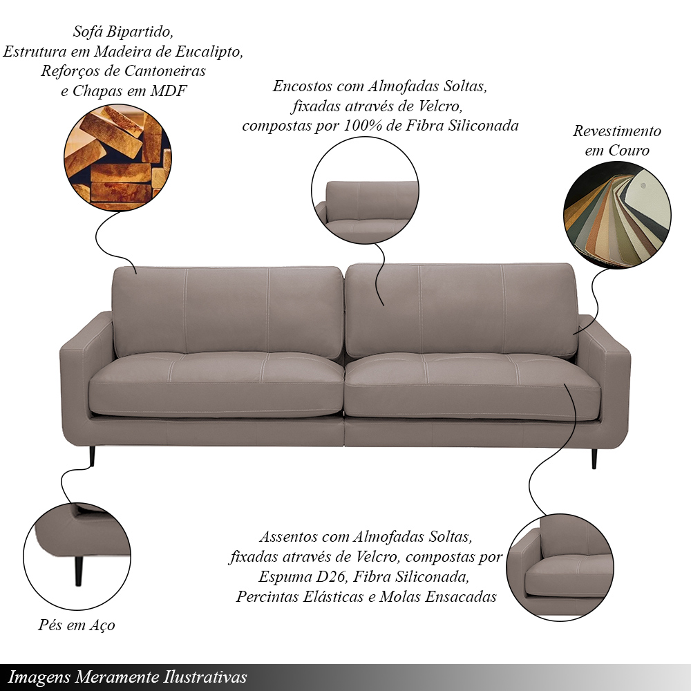 Sofá Decorativo Isaac 4 Lugares Sala de estar 270cm Pés em Aço Couro Avelã G88 - Gran Belo