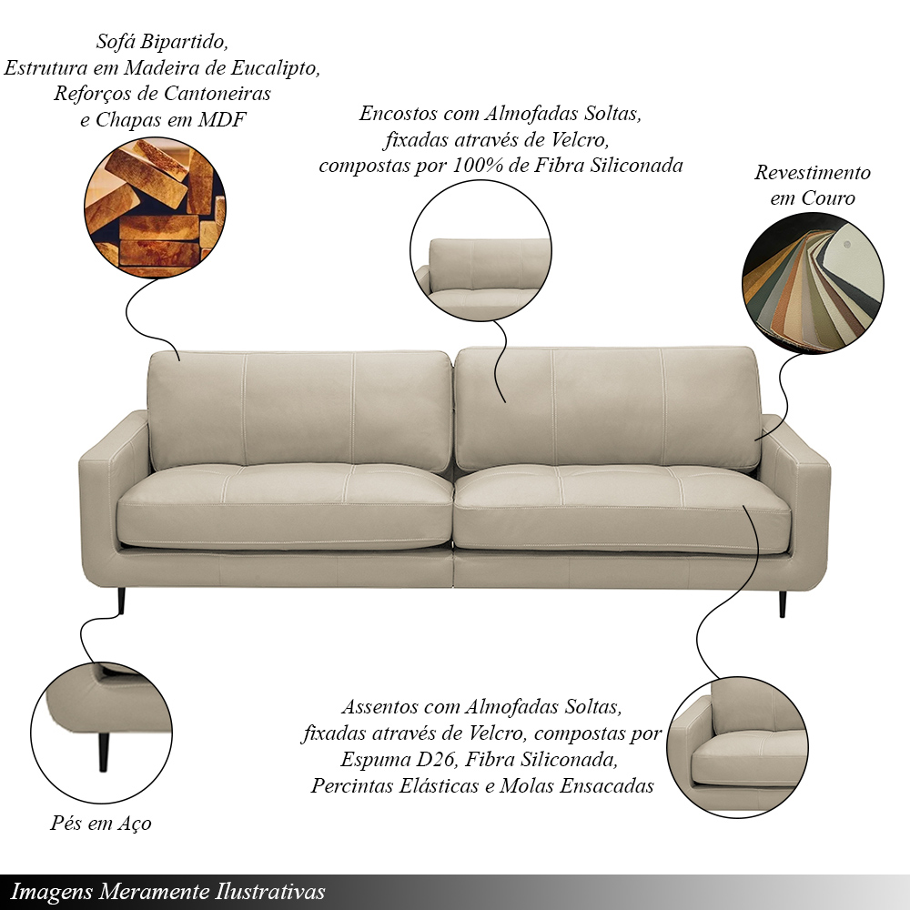 Sofá Decorativo Isaac 4 Lugares Sala de estar 270cm Pés em Aço Couro Bege G88 - Gran Belo