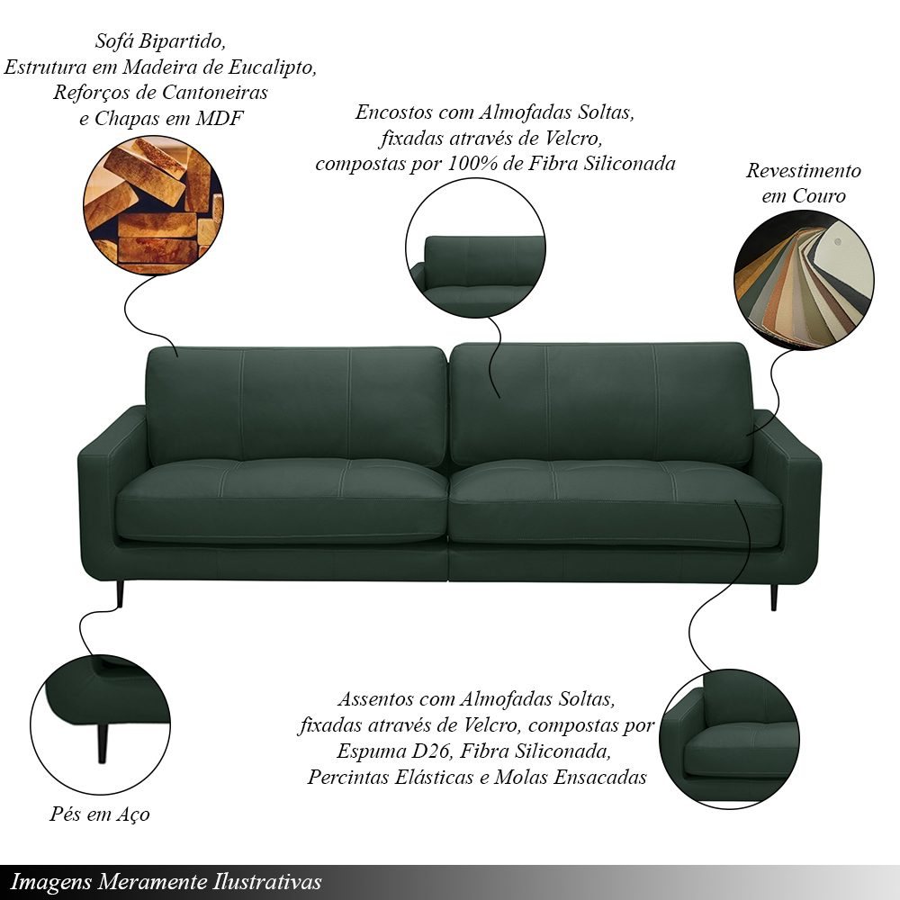 Sofá Decorativo Isaac 4 Lugares Sala de estar 270cm Pés em Aço Couro Verde Musgo G88 - Gran Belo