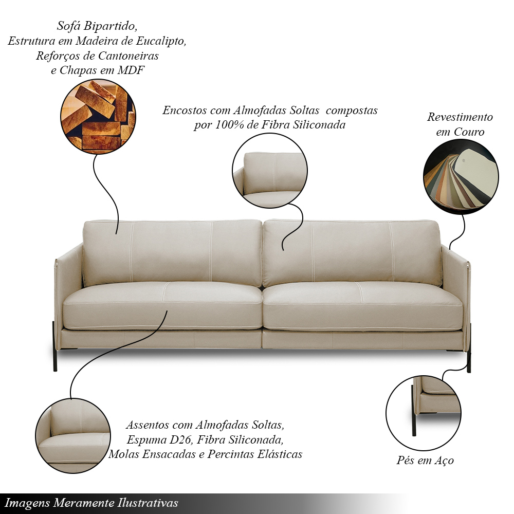 Sofá Decorativo Karine 3 Lugares Sala de estar 210cm Pés em Aço Couro Bege G88 - Gran Belo