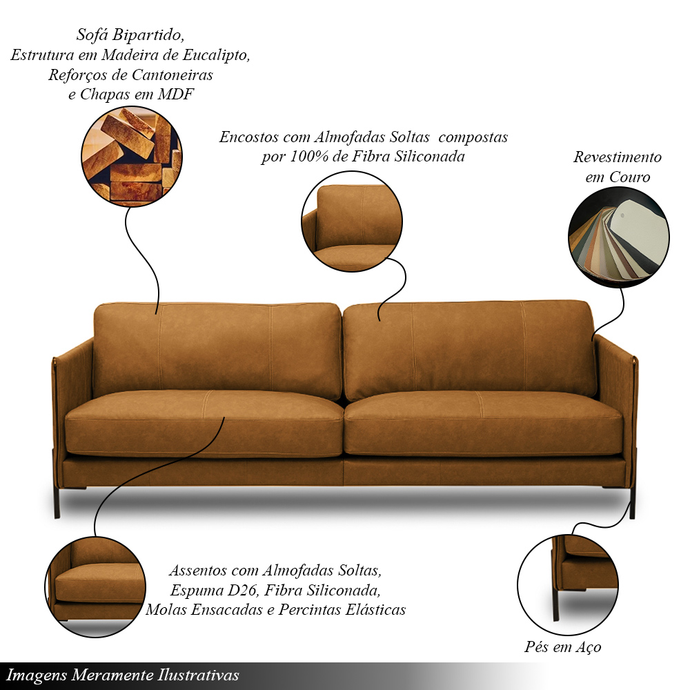 Sofá Decorativo Karine 3 Lugares Sala de estar 210cm Pés em Aço Couro Caramelo Manchado G88 - Gran Belo