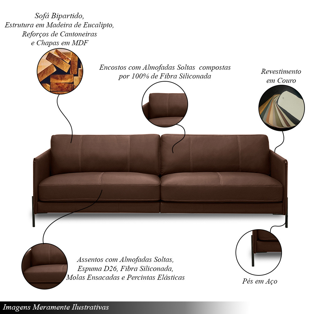 Sofá Decorativo Karine 3 Lugares Sala de estar 210cm Pés em Aço Couro Marrom Chocolate G88 - Gran Belo