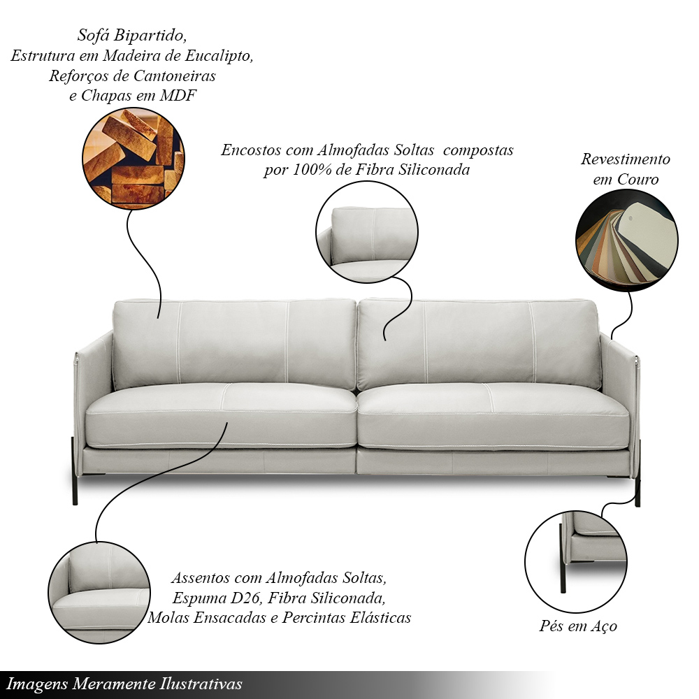 Sofá Decorativo Karine 3 Lugares Sala de estar 210cm Pés em Aço Couro Off White G88 - Gran Belo