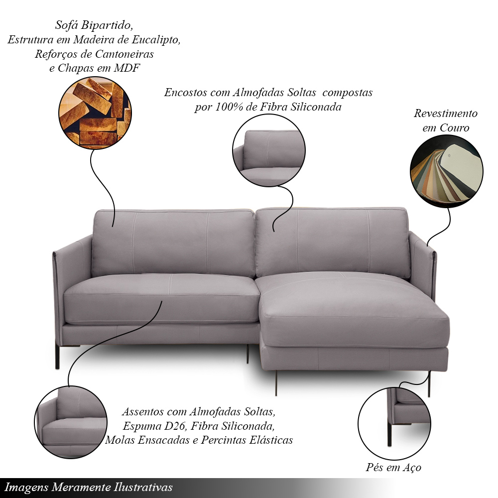 Sofá Decorativo Karine 3 Lugares Sala de estar 230cm com Chaise Pés em Aço Couro Avelã G88 - Gran Belo