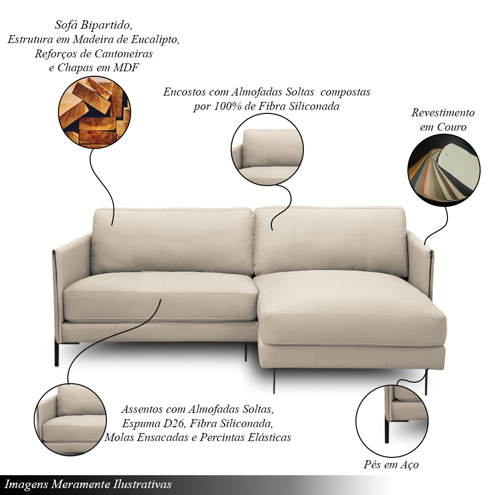 Sofá Decorativo Karine 3 Lugares Sala de estar 230cm com Chaise Pés em Aço Couro Bege G88 - Gran Belo