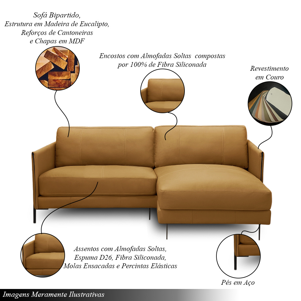 Sofá Decorativo Karine 3 Lugares Sala de estar 230cm com Chaise Pés em Aço Couro Caramelo G88 - Gran Belo
