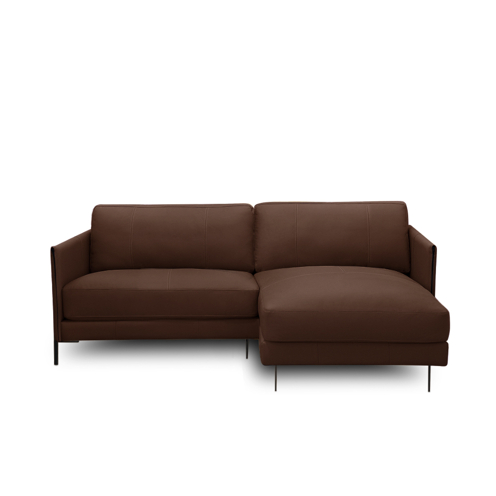 Sofá Decorativo Karine 3 Lugares Sala de estar 230cm com Chaise Pés em Aço Couro Marrom Chocolate G88 - Gran Belo