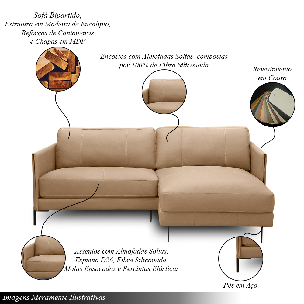 Sofá Decorativo Karine 3 Lugares Sala de estar 230cm com Chaise Pés em Aço Couro Nude G88 - Gran Belo