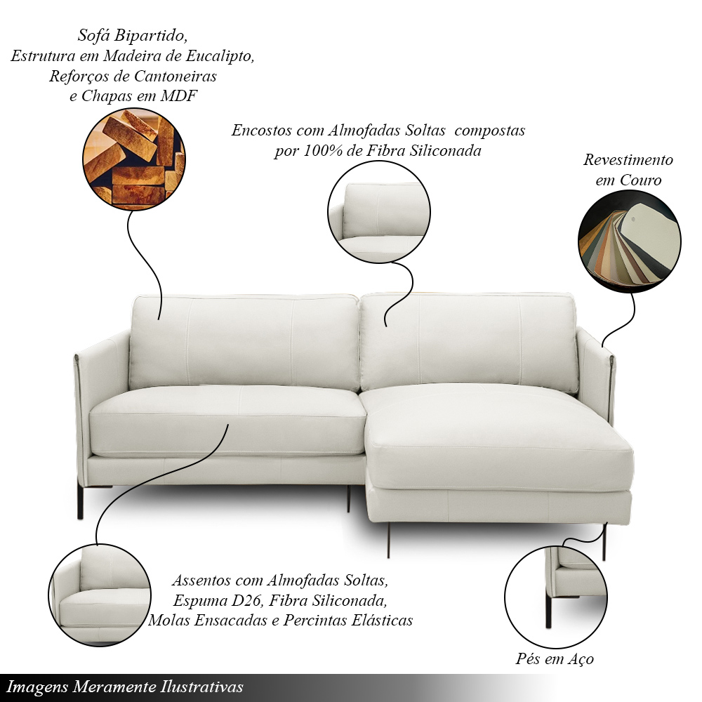 Sofá Decorativo Karine 3 Lugares Sala de estar 230cm com Chaise Pés em Aço Couro Off White G88 - Gran Belo