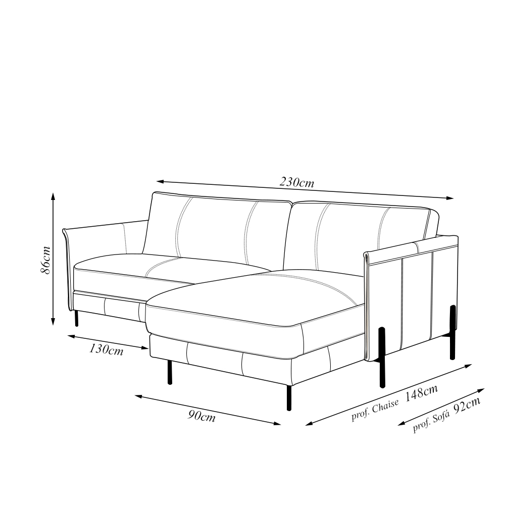 Sofá Decorativo Karine 3 Lugares Sala de estar 230cm com Chaise Pés em Aço Couro Preto G88 - Gran Belo
