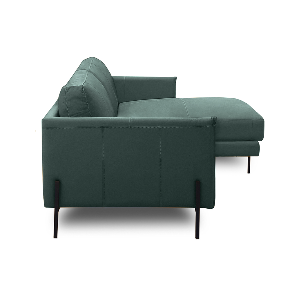 Sofá Decorativo Karine 3 Lugares Sala de estar 230cm com Chaise Pés em Aço Couro Verde Musgo G88 - Gran Belo