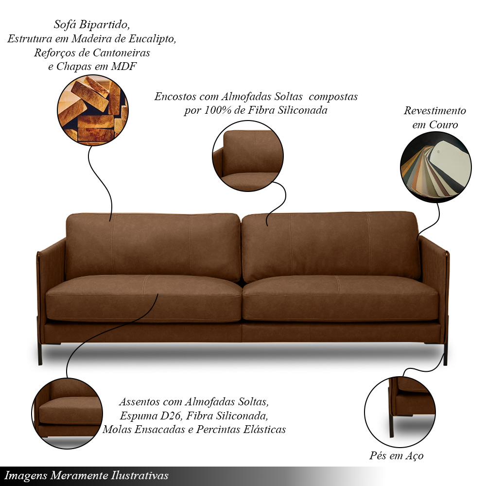 Sofá Decorativo Karine 3 Lugares Sala de estar 240cm Pés em Aço Couro Marrom Claro Manchado G88 - Gran Belo