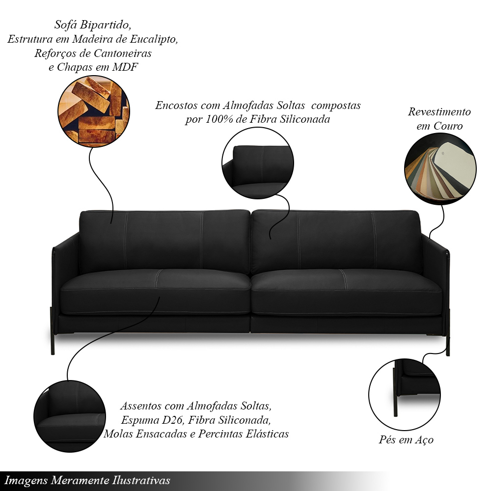 Sofá Decorativo Karine 3 Lugares Sala de estar 240cm Pés em Aço Couro Preto G88 - Gran Belo