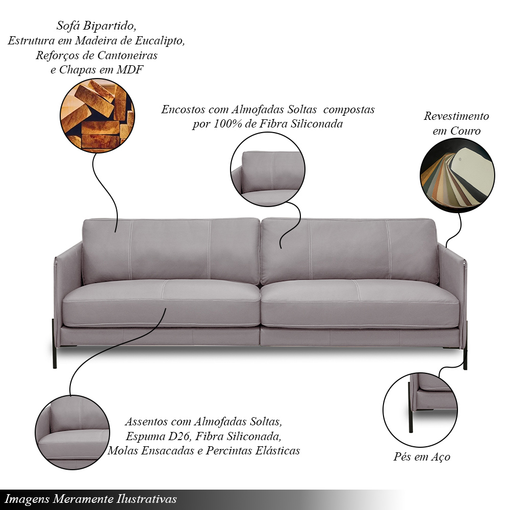 Sofá Decorativo Karine 4 Lugares Sala de estar 270cm Pés em Aço Couro Avelã G88 - Gran Belo