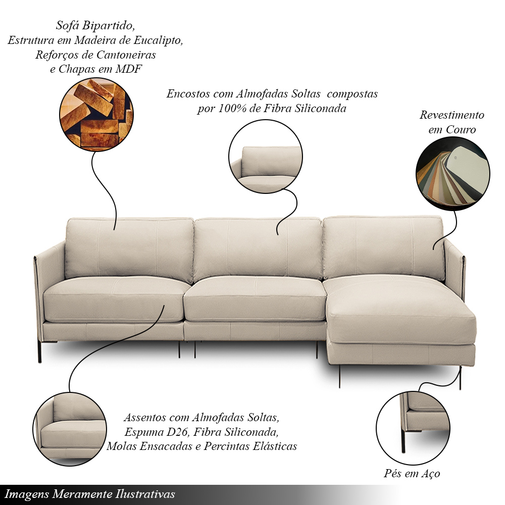 Sofá Decorativo Karine 5 Lugares Sala de estar 300cm com Chaise Pés em Aço Couro Bege G88 - Gran Belo