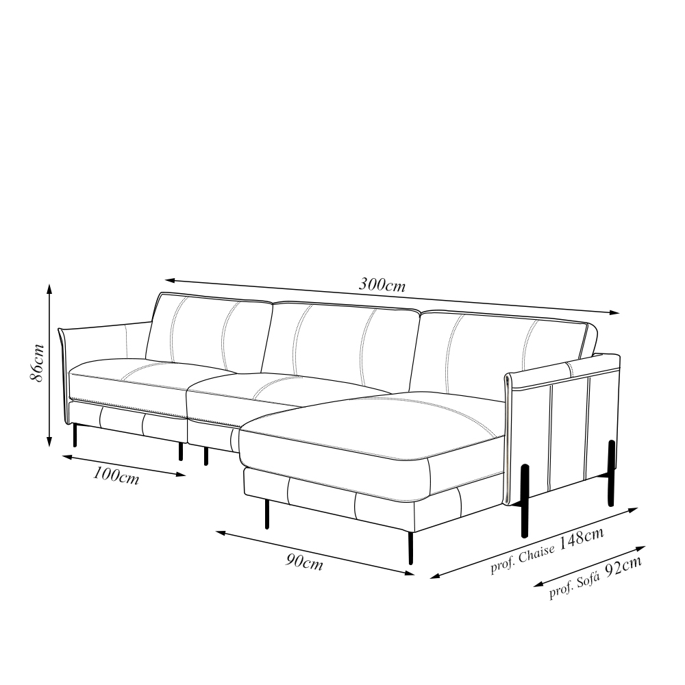 Sofá Decorativo Karine 5 Lugares Sala de estar 300cm com Chaise Pés em Aço Couro Bege G88 - Gran Belo